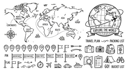 Travel and Adventure Elements Hand Drawn Icons and World Map Illustration © Clovernand