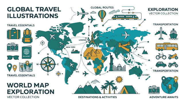 Global Travel Illustrations Collection with World Map and Transportation Icons