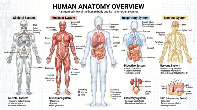 Human anatomy overview chart with major organ systems