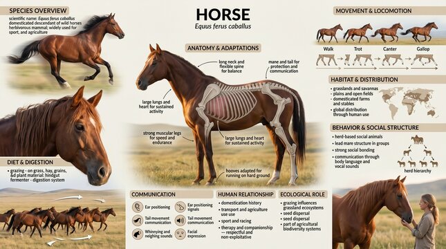 Educational infographic about the horse, equus ferus caballus, anatomy and facts