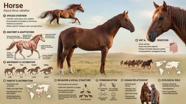 Educational infographic about the horse, equus ferus caballus, anatomy and biology