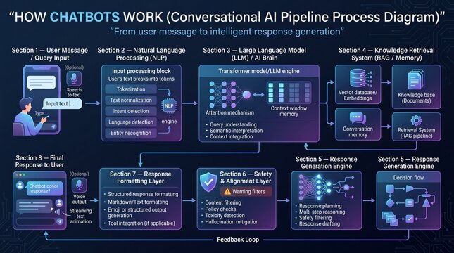 Conversational ai pipeline process diagram explaining how chatbots work