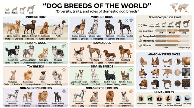 Infographic chart of various dog breeds categorized by groups and traits
