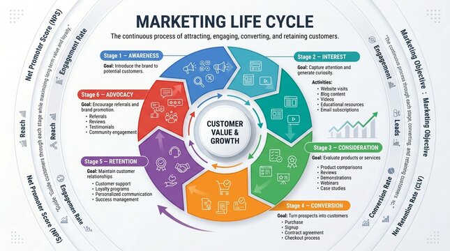 Marketing life cycle infographic diagram with six stages of customer journey