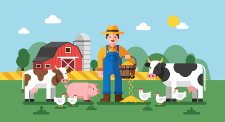 Farmer feeding farm animals, including cows, pig, and chickens, with barn and silo in background © Kamar