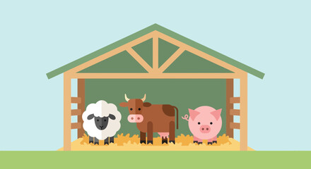 Farm Animals in Barn: Sheep, Cow, Pig - Flat Design Illustration © solikhin