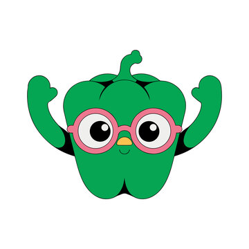 Funny green pepper face mascot with glasses and arms up in excitement cartoon