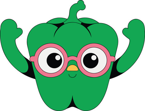 Funny green pepper face mascot with glasses and arms up in excitement cartoon