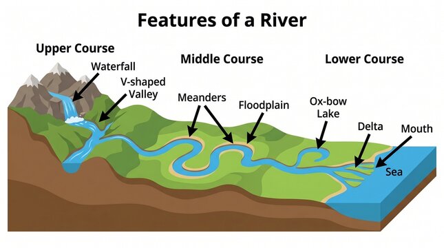 Educational diagram illustrating the geographical features of a river