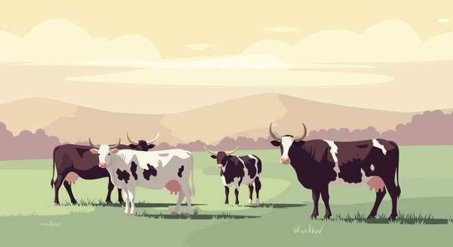 Herd of cows grazing in a pastoral landscape with rolling hills and soft sky