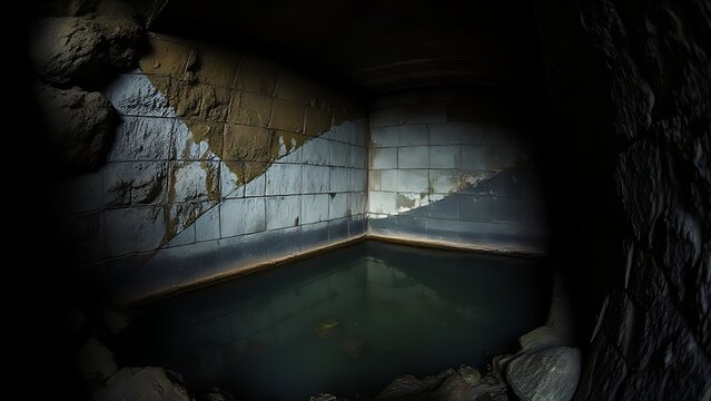 Abandoned mine shaft with water pooling and damp stone walls.