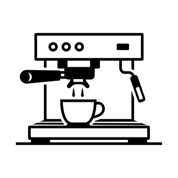 Logo cafeter&iacute;a. Dibujo minimalista de una m&aacute;quina de caf&eacute; con taza y controles para el hogar y la cafeter&iacute;a