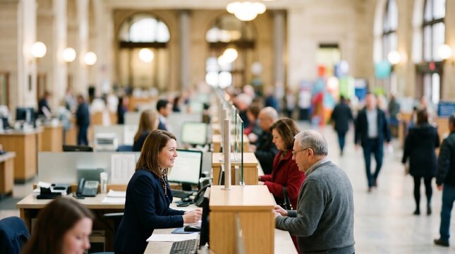 Bank teller assisting a customer at a service counter in a busy bank lobby
