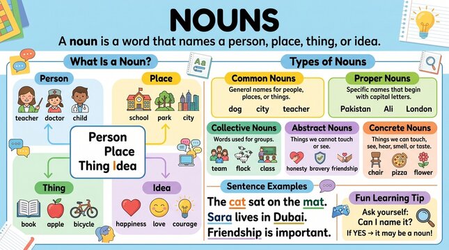 Educational infographic poster explaining nouns for kids