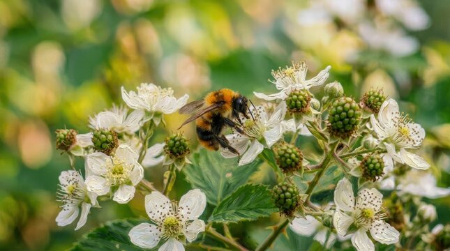 Bumblebee Pollinating White Flowers on a Blackberry Bush in Summer.