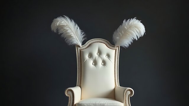 A minimalist white throne with two large feathers, soft light on dark background.
