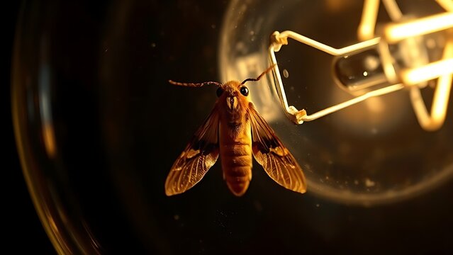 A singed moth trapped inside an old light bulb, detailed macro view on dark background.