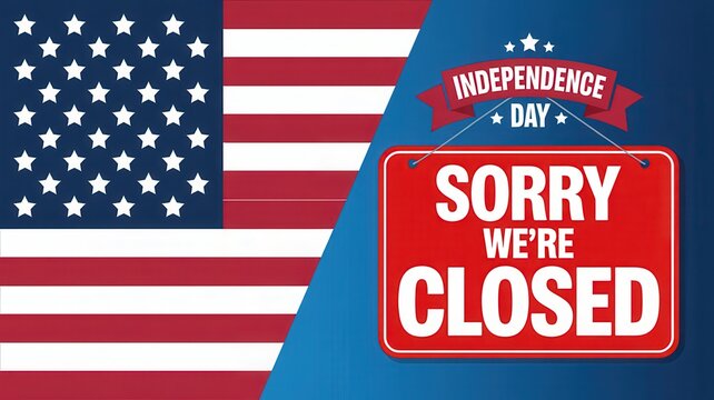 Independence day sign, sorry we are closed sign hanging on a blue background with an american flag pattern
