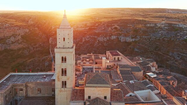 Aerial sunrise view over the ancient city of Matera, Basilicata, Italy