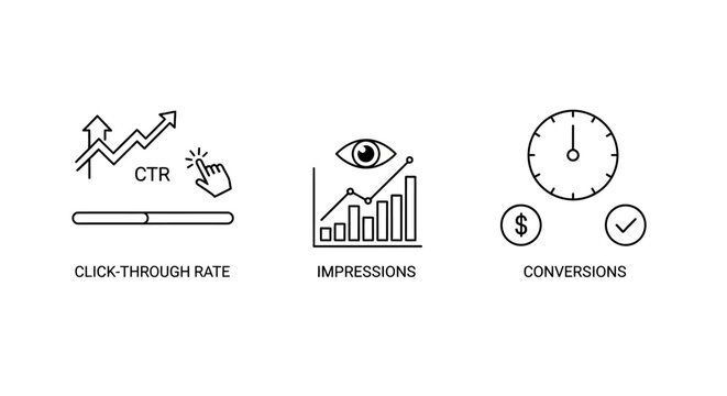 Digital Marketing Icons: CTR, Impressions, Conversions - Business Growth Concept