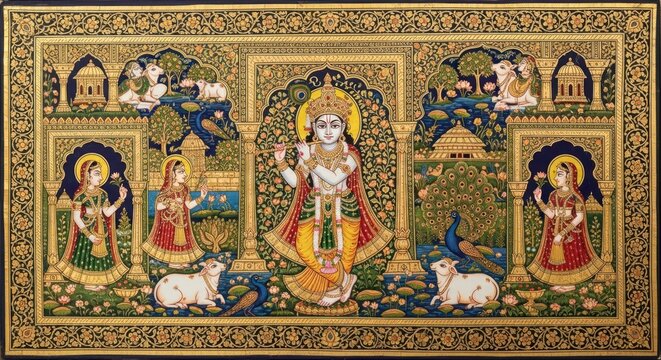 Vibrant Indian Miniature Painting Depicting Lord Krishna and Gopis.