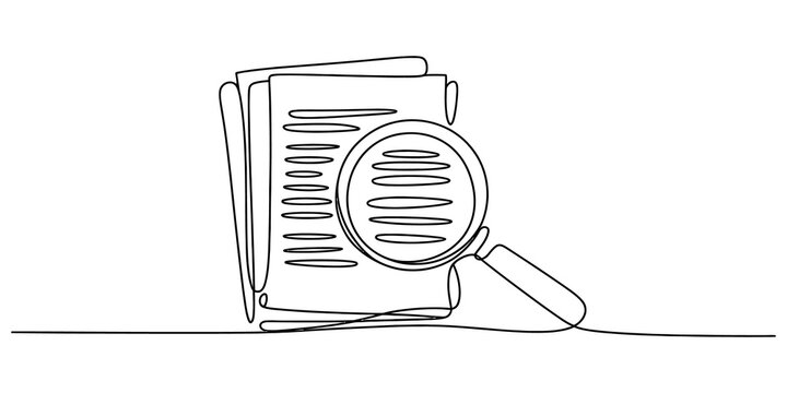 Minimalist line drawing of documents and magnifying glass, vector illustration