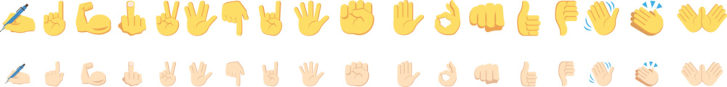 Hand gesture icon collection features expressive finger signs in playful cartoon style. Modern vector symbols represent communication emotions and interaction concepts. Creative graphics suit apps soc