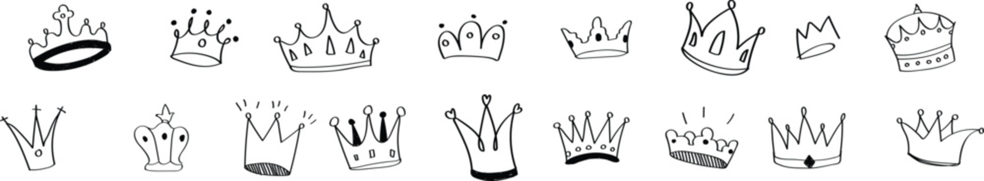 Hand drawn crown doodle collection features playful royal sketch icons in minimal style. Creative vector illustrations add whimsical decorative accents and elegant symbolism. Stylish graphic elements 