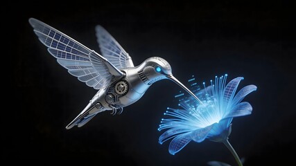 Fototapeta premium Bionic mechanical hummingbird sipping nectar from glowing fiber optic flower