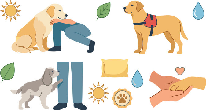 Emotional Support and Service Dog Care Vector Illustration Featuring Human Animal Bond Therapy Assistance Compassion and Responsible Pet Wellness Lifestyle Elements