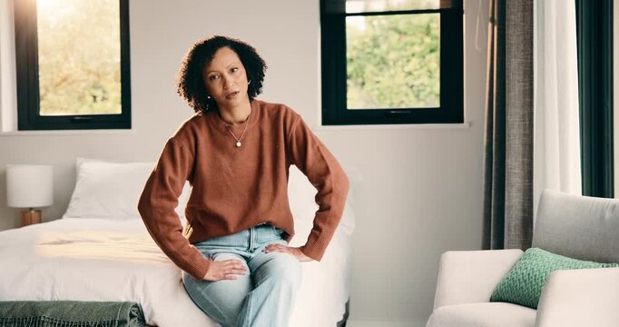 Stress, woman and throw phone on bed for relationship issue, unresolved conflict or frustrated. Mobile, person and ignore partner notification in home for emotional exhaustion, liar and fake apology