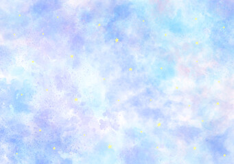 Obraz premium 水彩風淡いブルー背景テクスチャ・星ラメありのイラスト / Watercolor soft pastel blue background texture illustration with glitter stars illustration