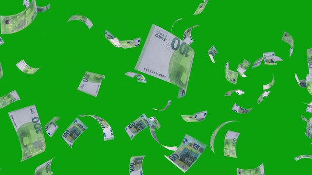 Rain from euro banknotes. 4k looped video. Smoothly falling euros banknotes. 100 Euros Money flying around Animation. European Euro Bill Falling Money Green Screen Animation &mdash; Cash Rain Effect Video