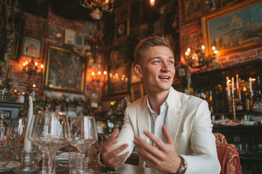 beautiful man is sitting at table in restaurant. he's talking or giving interview. he's well dressed. pleasant lively atmosphere around. photo conveys business conversation or meeting of friends