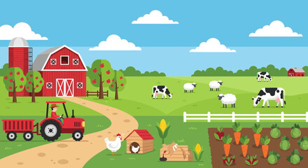 Vibrant Farm Scene with Tractor, Barn, Animals, and Crops © Wild