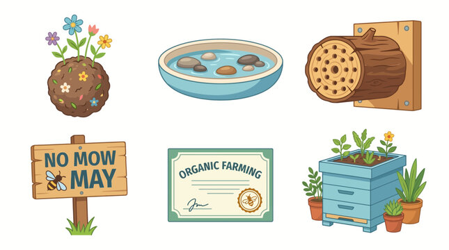 Organic farming icons show a bee, egg, and plants on a natural background with a sign.