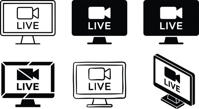 Live streaming monitor icon collection with video broadcast screen symbols in bold black line style for online media projects isolated
