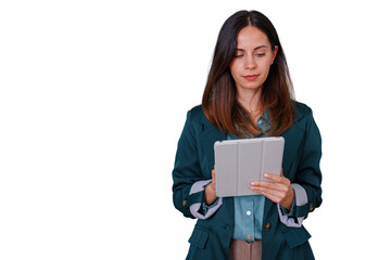 Fototapeta premium Woman working with digital tablet creating content, managing business, and collaborating remotely on transparent background