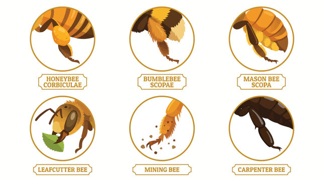 Illustrations of six different types of bee species including honey bee, bumble bee, mason bee, leafcutter bee, mining bee and carpenter bee in a scientific diagram.