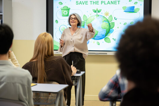Female teacher explaining climate change concepts to diverse young students in a classroom