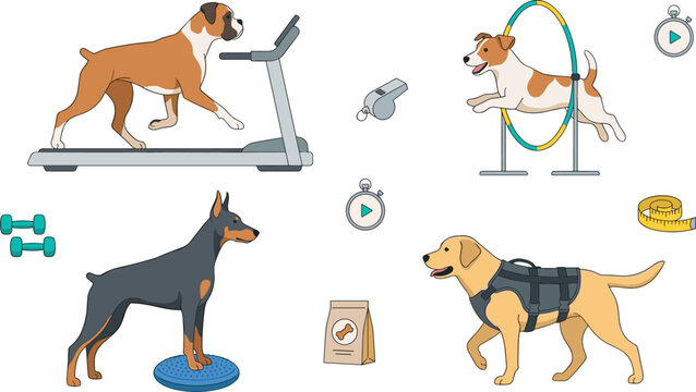 Dog Fitness and Agility Training Vector Illustration Featuring Exercise Equipment Obstacle Courses Strength Workouts and Active Canine Performance Activities