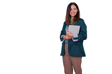 Fototapeta premium Confident business woman holding a digital tablet and smiling, wearing a jacket, standing in a corporate setting
