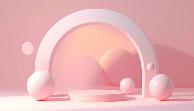 Abstract 3 d rendering of a pink stage with spheres and arch elements