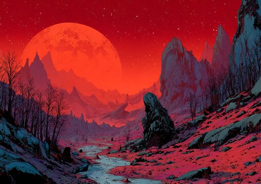 Surreal Red Landscape with Moon, Mountains, and River.