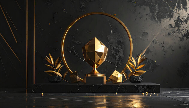 Abstract gold trophy on black pedestal with decorative leaves and circle