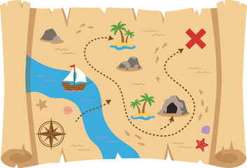Old Pirate Treasure Map Scroll Vector Illustration with Red Mark, Island, Palm Trees, Sailing Ship, and Compass for Adventure Game Interface Designs © Rashidul