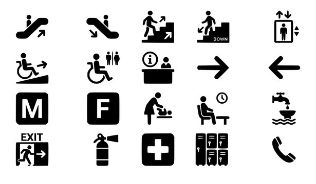 Public Facility and Accessibility Black Silhouette Icon Collection for Navigation and Transport Systems Vector Set