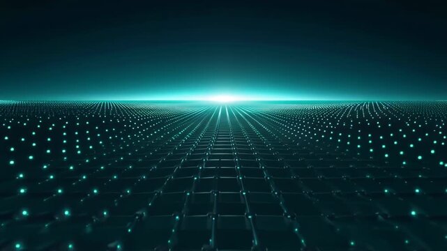 Futuristic digital landscape featuring an endless glowing teal grid of illuminated nodes stretching toward a bright horizon, evoking data networks, virtual reality and cybernetics