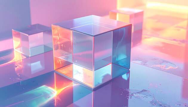 Abstract transparent cubes displayed in colorful scene with reflected light