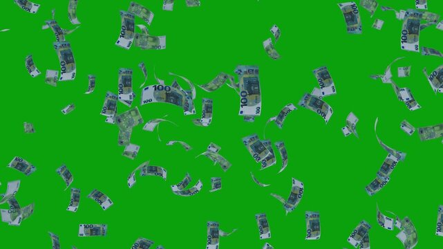 Rain from euro banknotes. 4k looped video. Smoothly falling euros banknotes. 100 Euros Money flying around Animation. European Euro Bill Falling Money Green Screen Animation &mdash; Cash Rain Effect Video
